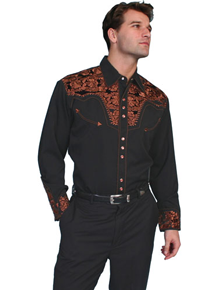 Scully Gunfighter Long Sleeve Snap Front Western Shirt - Black with Copper Roses - Men's Retro Western Shirts | Spur Western Wear