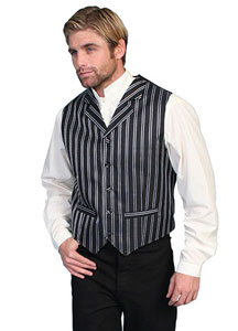 This Sophisticated double pinstripe vest has a classy "old time" look. Features notch lapels, covered buttons, two front welt pockets and adjustable back strap. 100% polyester. Dry clean only. Import., - Men's Old West Vests And Jackets | Spur Western Wear