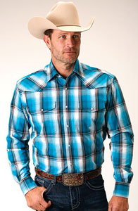 This Roper Plaid Men's Long Sleeve Western  Shirt In Tall Sizes Features A Blue Ombre Plaid Yarn Dyed Fabric with a Spread Collar. One Point Front And a Keystone Back Yoke. Snap Front. Two Flap Snap Pockets.   Snap Cuffs.  Regular sizes available-05-01-01-778-2087BU