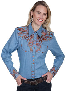 Scully Gunfighter Long Sleeve Snap Front Western Shirt - Blue with Copper Roses - Ladies - Ladies' Retro Western Shirts | Spur Western Wear