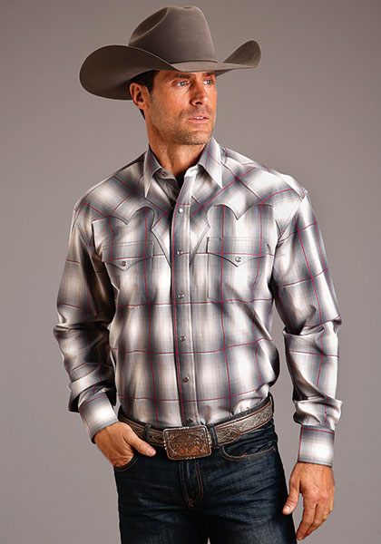 This Stetson Men's Long Sleeve Western Shirt Features  Plaid With Satin Stitch. Spread Collar. Fancy Front & Back Yokes W/Triple Needle Stitching . Snap Front. One-Point Pockets And Flaps. Stetson "S" Emblem, "Stetson" Emblem On Right Sleeve Placket. Snap Cuff. Contrast Inside Trim.