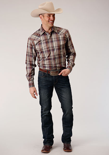 This Roper Plaid Men's Long Sleeve Western  Shirt In Tall Sizes Features A Brown and BeigeOmbre Plaid Yarn Dyed Fabric with a Spread Collar. One Point Front And a Keystone Back Yoke. Snap Front. Two Flap Snap Pockets.   Snap Cuffs.  Regular sizes available-05-01-01-778-7027MU