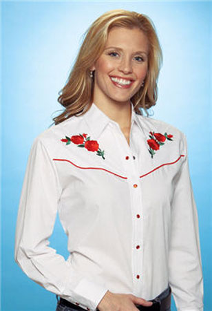 Ely Cattleman Long Sleeve Snap Front Western Shirt - White With Red Roses - Ladies