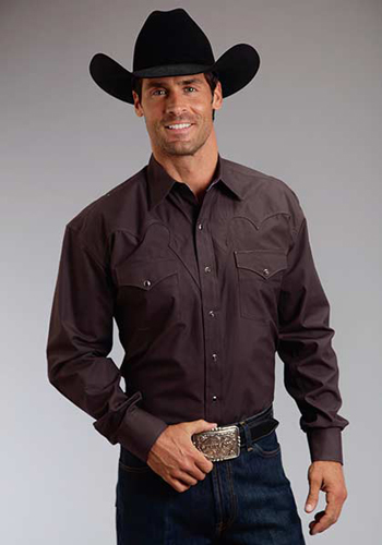 stetson poplin long sleeve snap front western shirt dark grey