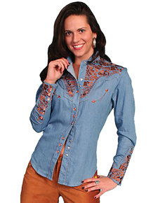 Scully Gunfighter Long Sleeve Snap Front Western Shirt - Blue with Copper Roses - Ladies' Retro Western Shirts | Spur Western Wear
