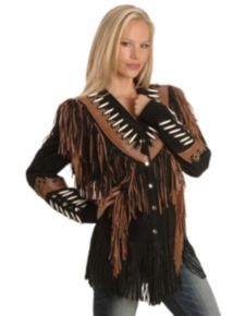 Liberty Leather Ladies Black with Rust Suede Fringe Leather Jacket