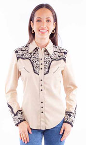 This Scully Vintage Shirt In Tan Features Black Floral Embroidery, Piping, Smile Pockets And Pearl Snaps. It Is Just The Right Touch Of The Old West For Every Cowgirl's Wardrobe. Machine Wash Cold. Hang Dry.