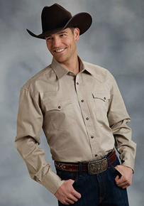 Roper Poplin Long Sleeve Snap Front Western Shirt - Tan - Men's Western Shirts | Spur Western Wear