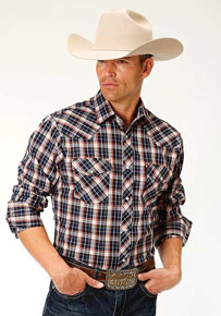 Roper Plaid Long Sleeve Snap Front Western Shirt - Navy & Orange - Men's Western Shirts | Spur Western Wear