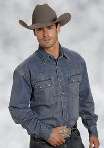 Stetson Long Sleeve Clean Finish Denim Western Shirt - Blue - Men's ...