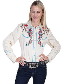 Scully Horse And Flower Embroidered Western Shirt - Cream - Ladies' Retro Western Shirts | Spur Western Wear