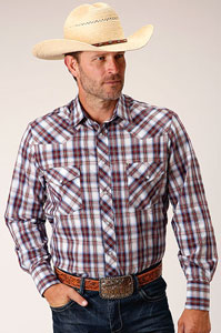 Roper Plaid Long Sleeve Snap Front Western Shirt -Wine, Navy & White - Men's Western Shirts | Spur Western Wear