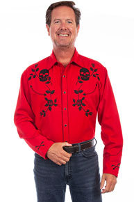 Scully Skulls And Roses Embroidered Western Shirt - Red - Men's Retro ...