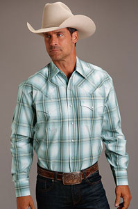 Stetson Grey Sky Ombre Plaid Long Sleeve Western Shirt, This Stetson Men's Long Sleeve Western Shirt Features A Yard Dyed Plaid with a Satin Stitch. Spread Collar. One-Point Curved Ultra Deep Back Yoke. Flap Snap Pockets. Classic Snap Front Featuring Cream Pearl Logo Snaps.  3 Snap Cuffs. Stetson "S" Emblem On Pocket. "Stetson" Emblem On Right Sleeve Placket.  Multiple Contrast Fabrics Inside Trim