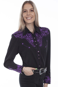 Scully Gunfighter Long Sleeve Snap Front Western Shirt - Black with Purple Roses - Ladies' Retro Western Shirts | Spur Western Wear