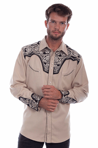 Scully Gunfighter Long Sleeve Snap Front Western Shirt - Tan with Black Roses - MENS,- Men's Retro Western Shirts | Spur Western Wear