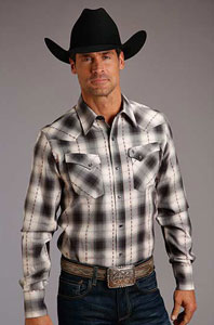 Stetson Dobby Plaid Long Sleeve Western Shirt , This Stetson Men's Long Sleeve Western Shirt Features A Yard Dyed Plaid with a Satin Stitch. Spread Collar. One-Point Curved Ultra Deep Back Yoke. Flap Snap Pockets. Classic Snap Front Featuring Cream Pearl Logo Snaps.  3 Snap Cuffs. Stetson "S" Emblem On Pocket. "Stetson" Emblem On Right Sleeve Placket.  Multiple Contrast Fabrics Inside Trim