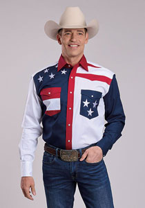 Americana Collection Men's Long Sleeve Shirt * Snap Front * 1 Pt Curved Front & Back Yokes * 2 One Point Pkts & Flaps * Emb Stars On Rt Front Yoke And Left Pocket * Pieced Stripes On Left Front Yoke And Right Pocket * Roper "R" Embroidery