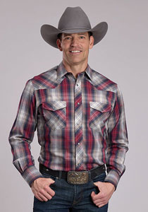 Roper Plaid Long Sleeve Snap Front Western Shirt -Grey, Tan and Red - Men's Western Shirts | Spur Western Wear