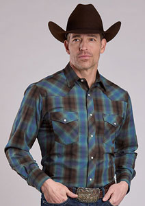 Roper Plaid Long Sleeve Snap Front Western Shirt --Cobalt/chocolate - Men's Western Shirts | Spur Western Wear