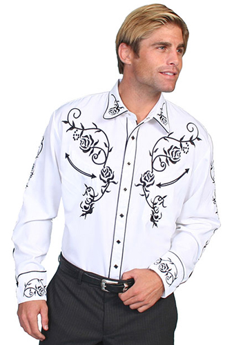 Scully Ponderosa Long Sleeve Snap Front Western Shirt White with Black Roses Men s Retro Western Shirts