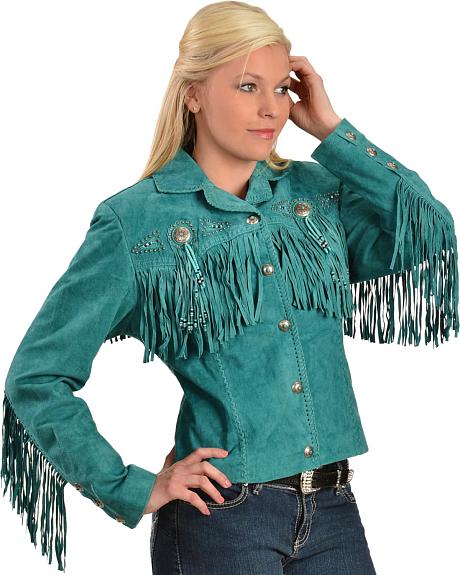 Scully Bead & Fringe Leather Western Jacket - Turquoise - Ladies Leather Jackets | Spur Western Wear