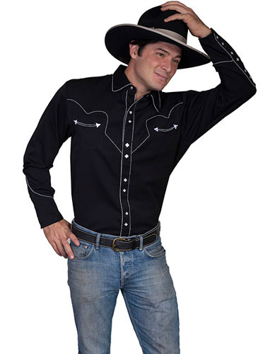 Scully Long Sleeve Snap Front Western Shirt - Black With White Stitch ...