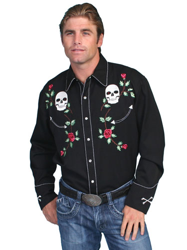 Scully Skulls And Roses Long Sleeve Snap Front Western Shirt - Black - Men's Retro Western Shirts | Spur Western Wear