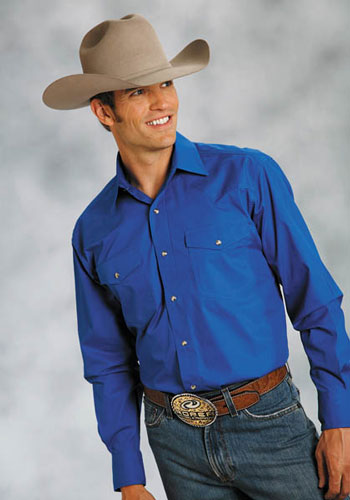 Roper Poplin Long Sleeve Snap Front Western Shirt - Royal Blue - Men's ...