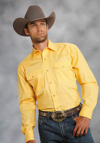 Roper Poplin Long Sleeve Snap Front Western Shirt - Yellow - Men's