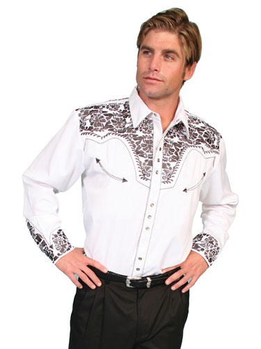 Scully Gunfighter Long Sleeve Snap Front Western Shirt - White with Pewter Roses - Men's Retro Western Shirts | Spur Western Wear
