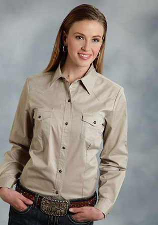 Roper Poplin Long Sleeve Snap Front Western Shirt - Tan - Ladies ...