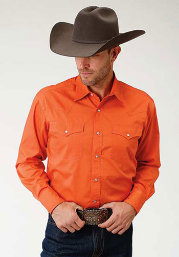 Roper Poplin Long Sleeve Snap Front Western Shirt - Orange - Men's ...