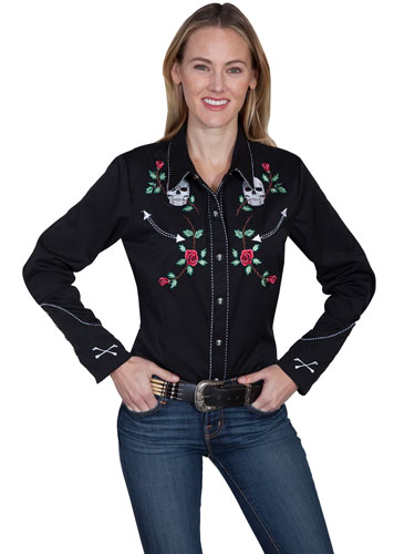 Scully Black With Skulls And Roses Long Sleeve Snap Front Western Shirt – Ladies