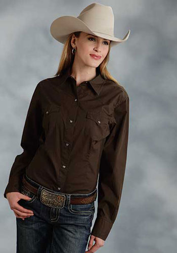 Roper Poplin Long Sleeve Snap Front Western Shirt - Brown - Ladies ...