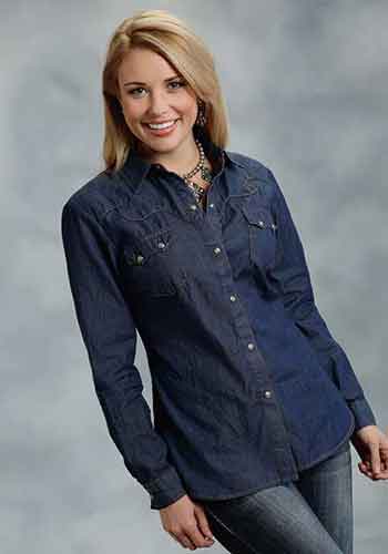 Roper Denim Long Sleeve Snap Front Western Shirt - Indigo - Ladies ...