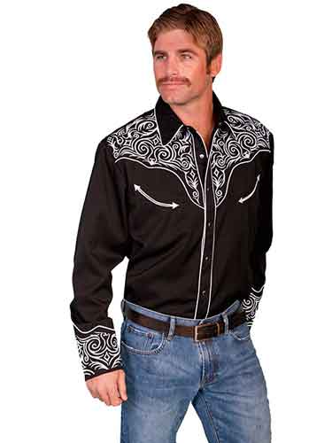 Scully Long Sleeve Snap Front Western Shirt - Black with Scroll Design ...