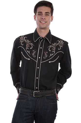 Scully Long Sleeve Snap Front Western Shirt - Black with Floral Scroll ...