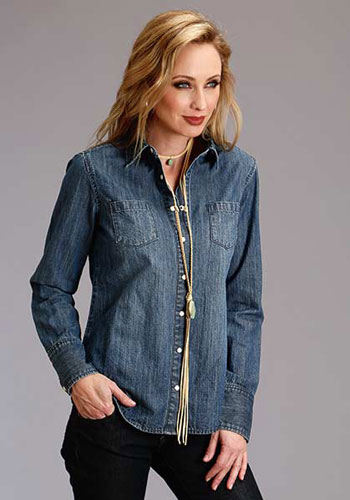 Stetson Denim Boyfriend Fit Long Sleeve Western Shirt - Blue - Ladies ...