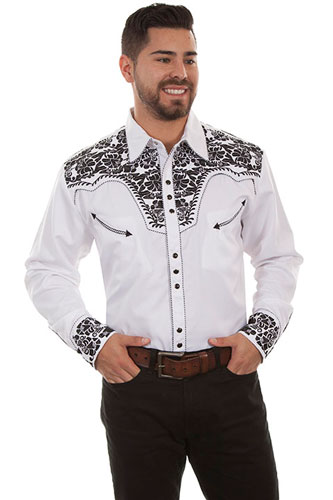 Scully Gunfighter Long Sleeve Snap Front Western Shirt White with Black Roses Men s Retro Western Shirts