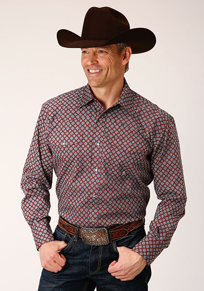 Roper Geo Print Long Sleeve Snap Front Western Shirt Wine Men s Western Shirts Spur Western Wear