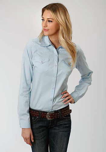 Roper Poplin Long Sleeve Snap Front Western Shirt - Light Blue - Ladies ...