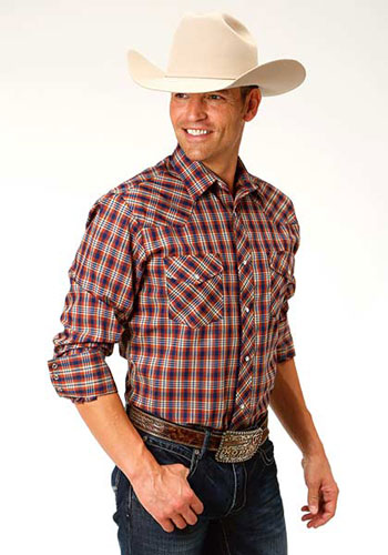 Roper Plaid Long Sleeve Snap Front Western Shirt - Rust & Navy - Men's Western Shirts | Spur Western Wear