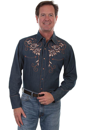 Scully Roses And Longhorn Skull Embroidered Western Shirt - Denim - Men ...