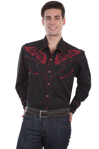 Scully Long Sleeve Snap Front Western Shirt - Black with Red Floral ...