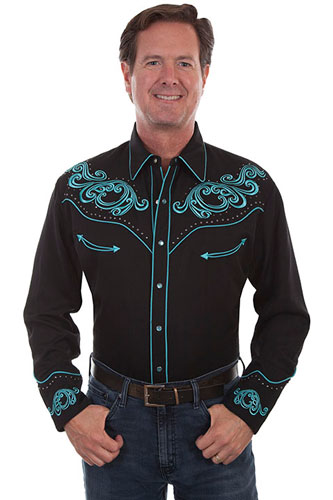 Scully Long Sleeve Snap Front Western Shirt - Black with Turquoise ...