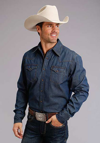 Stetson Long Sleeve Clean Finish Denim Western Shirt - Blue - Men's Western  Shirts