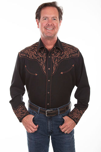 Scully Bucking Bull And Longhorn Embroidered Western Shirt - Black - Men's Retro Western Shirts | Spur Western Wear