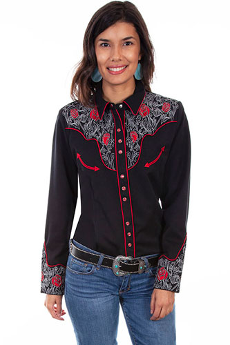 Scully Roses And Pick Stitch Embroidered Western Shirt - Black - Ladies' Retro Western Shirts | Spur Western Wear