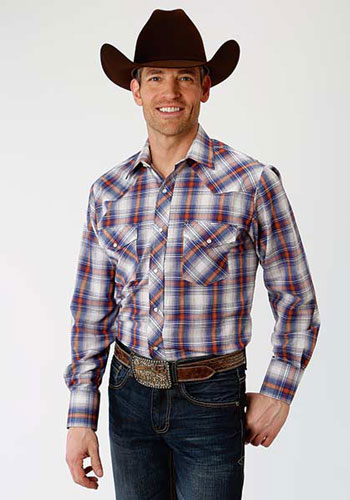 Roper Plaid Long Sleeve Snap Front Western Shirt - Royal & Rust - Men's ...